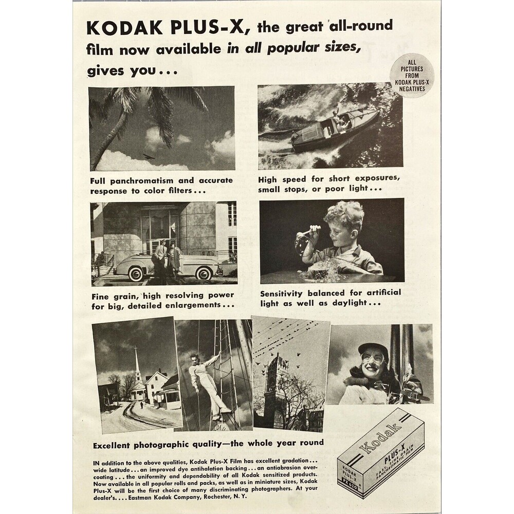 Eastman Kodak "Plus-X the great all-round film in all Sizes" Vtg Print Ad 1941